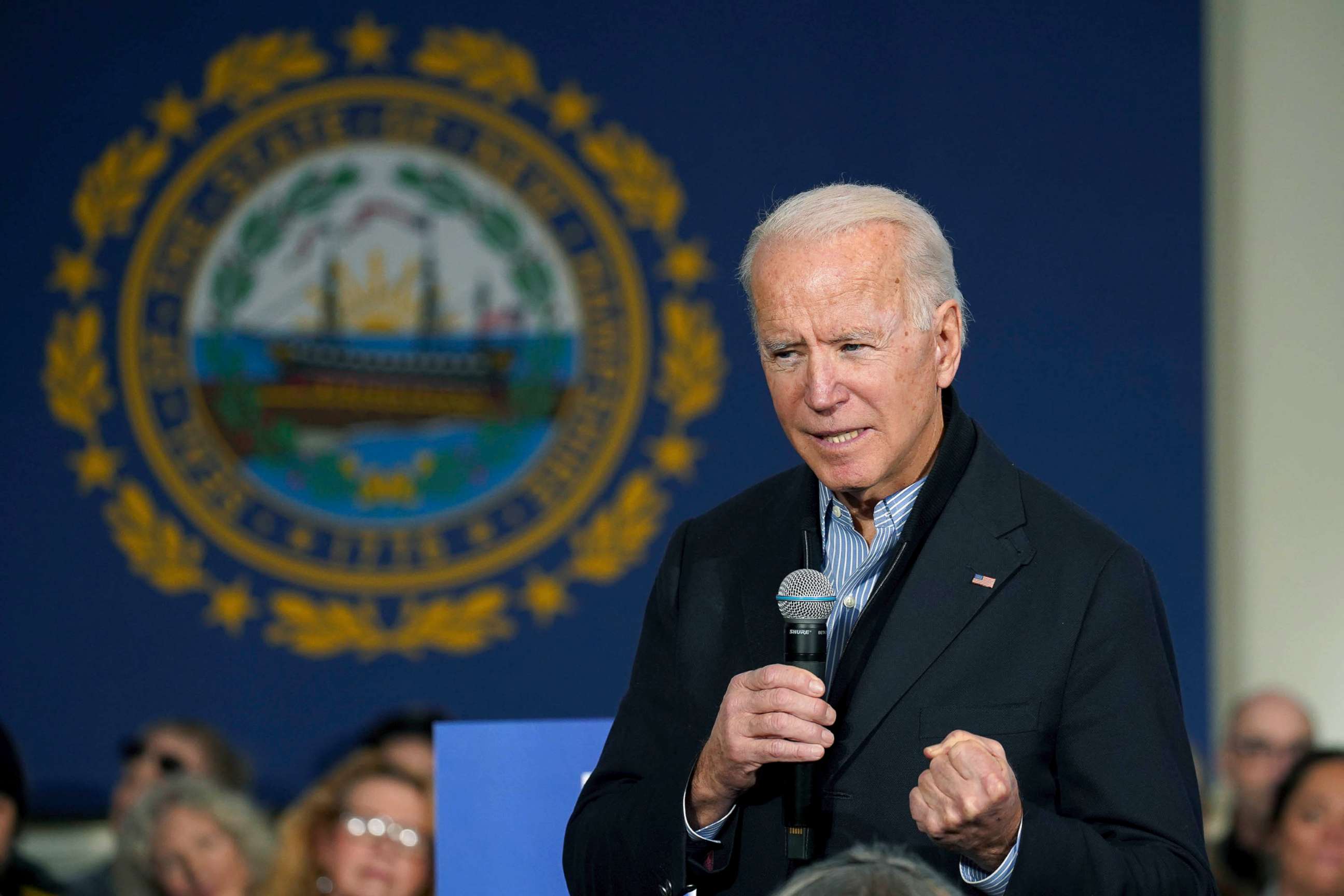 PHOTO: Democratic presidential candidate former Vice President Joe Biden pumps his fist as he speaks during a campaign event, Dec. 29, 2019, in Peterborough, N.H.