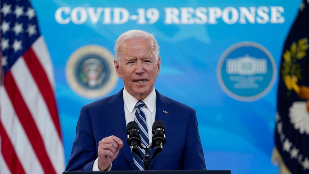 PHOTO: President Joe Biden speaks during an event on COVID-19 vaccinations and the response to the pandemic, in the South Court Auditorium on the White House campus, March 29, 2021, in Washington, D.C.