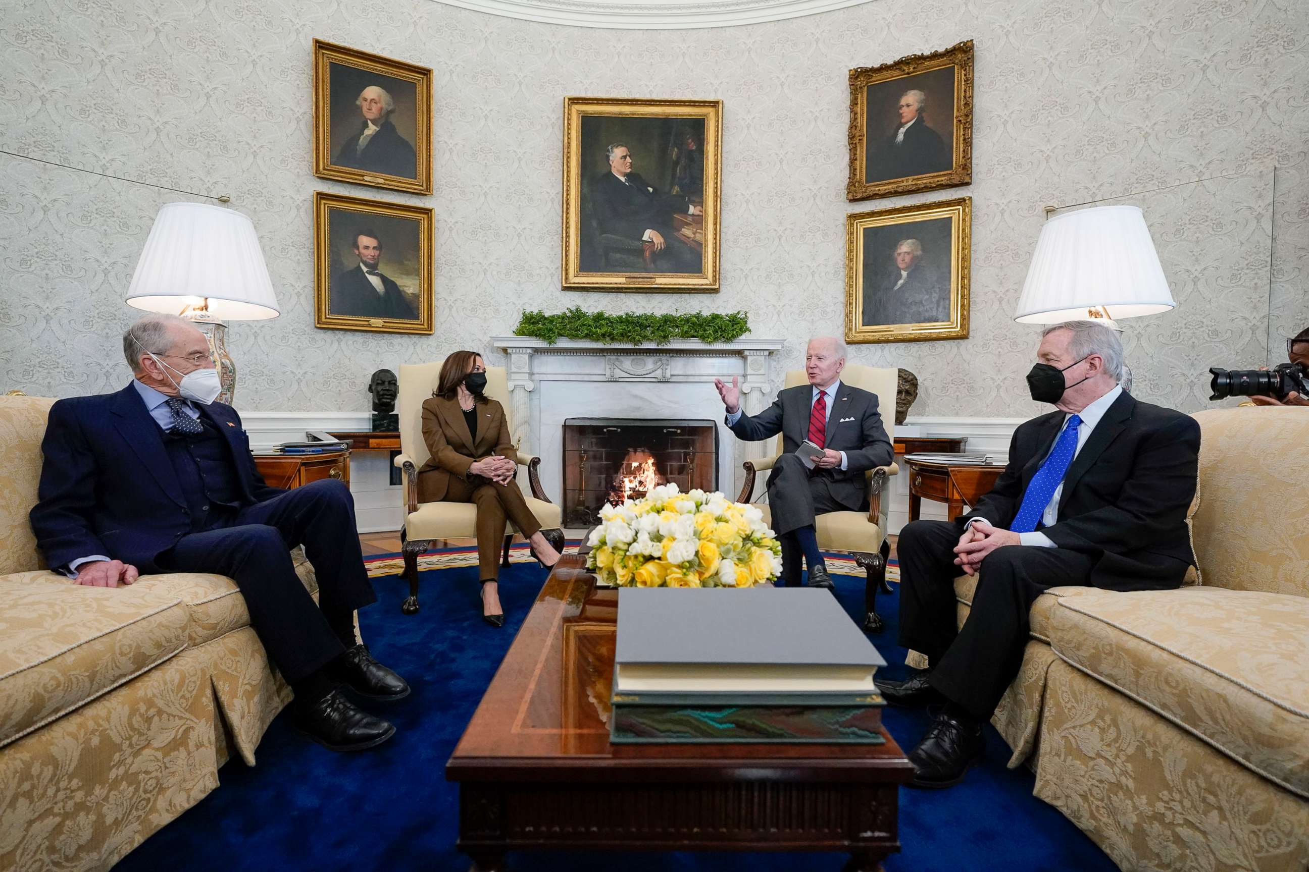PHOTO: President Joe Biden and Vice President Kamala Harris meet with Sen. Dick Durbin and Sen. Chuck Grassley to discuss the upcoming Supreme Court vacancy in the Oval Office of the White House, Feb. 1, 2022, in Washington, D.C.