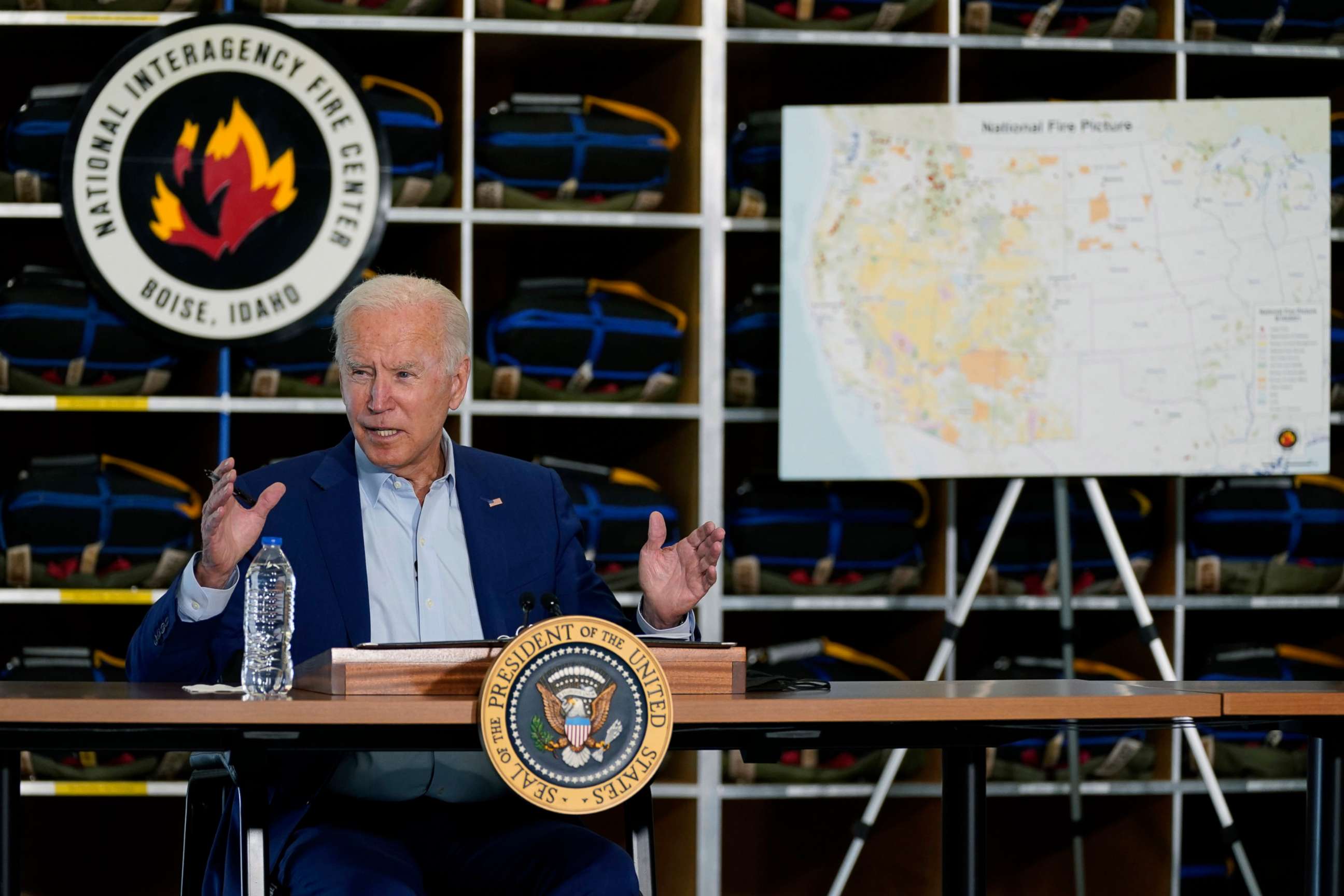 PHOTO: President Joe Biden speaks during a visit to the National Interagency Fire Center, Sept. 13, 2021, in Boise, Idaho.