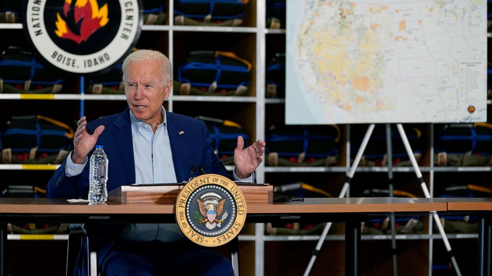 PHOTO: President Joe Biden speaks during a visit to the National Interagency Fire Center, Sept. 13, 2021, in Boise, Idaho.