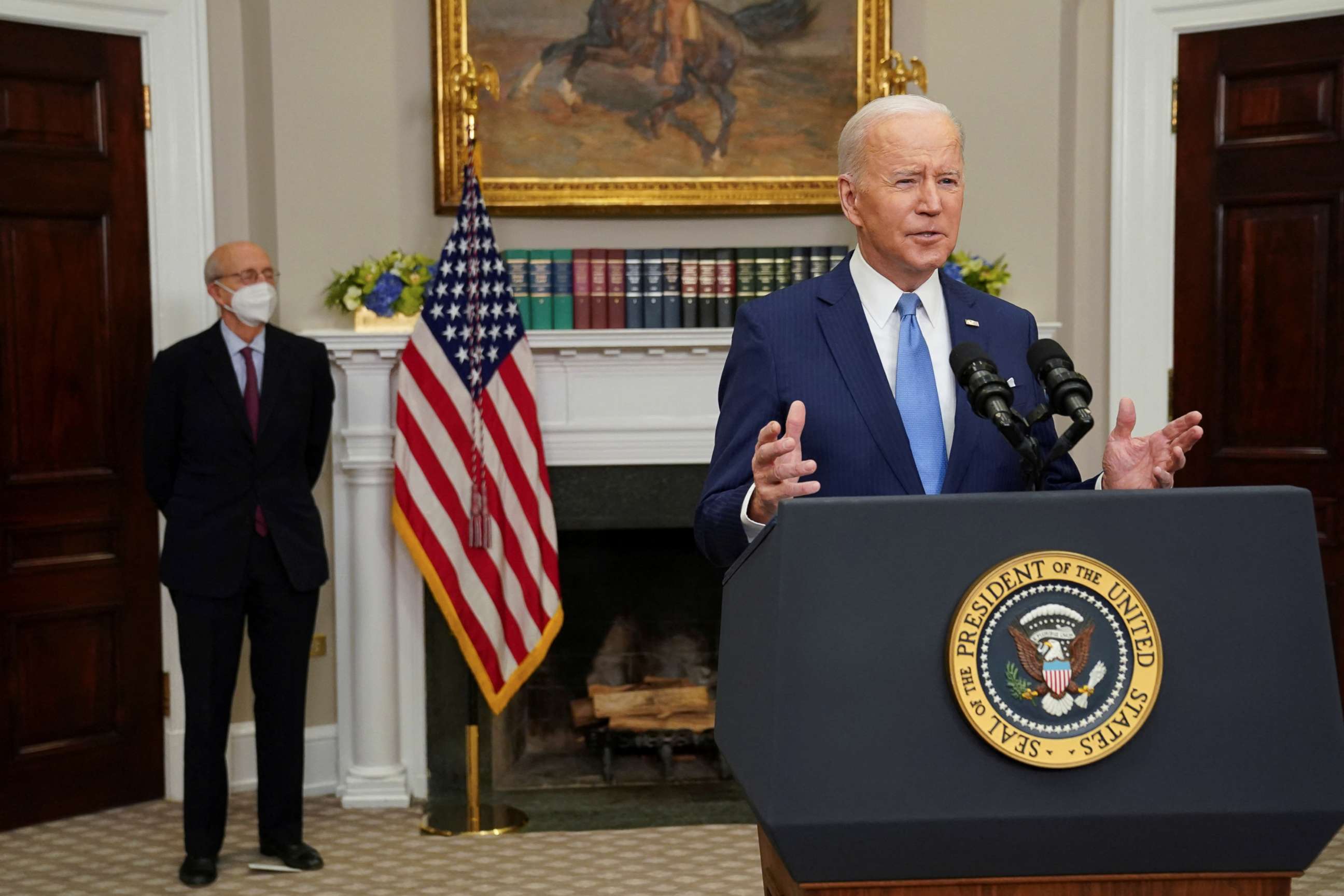 PHOTO: President Joe Biden delivers remarks with Supreme Court Justice Stephen Breyer as they announce Breyer will retire at the end of the court's current term, at the White House in Washington, D.C., Jan. 26, 2022.