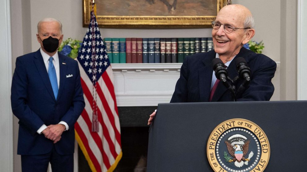 PHOTO: Supreme Court Justice Stephen Breyer announces his retirement alongside President Joe Biden during an event in the Roosevelt Room of the White House, in Washington, D.C., on Jan. 27, 2022.
