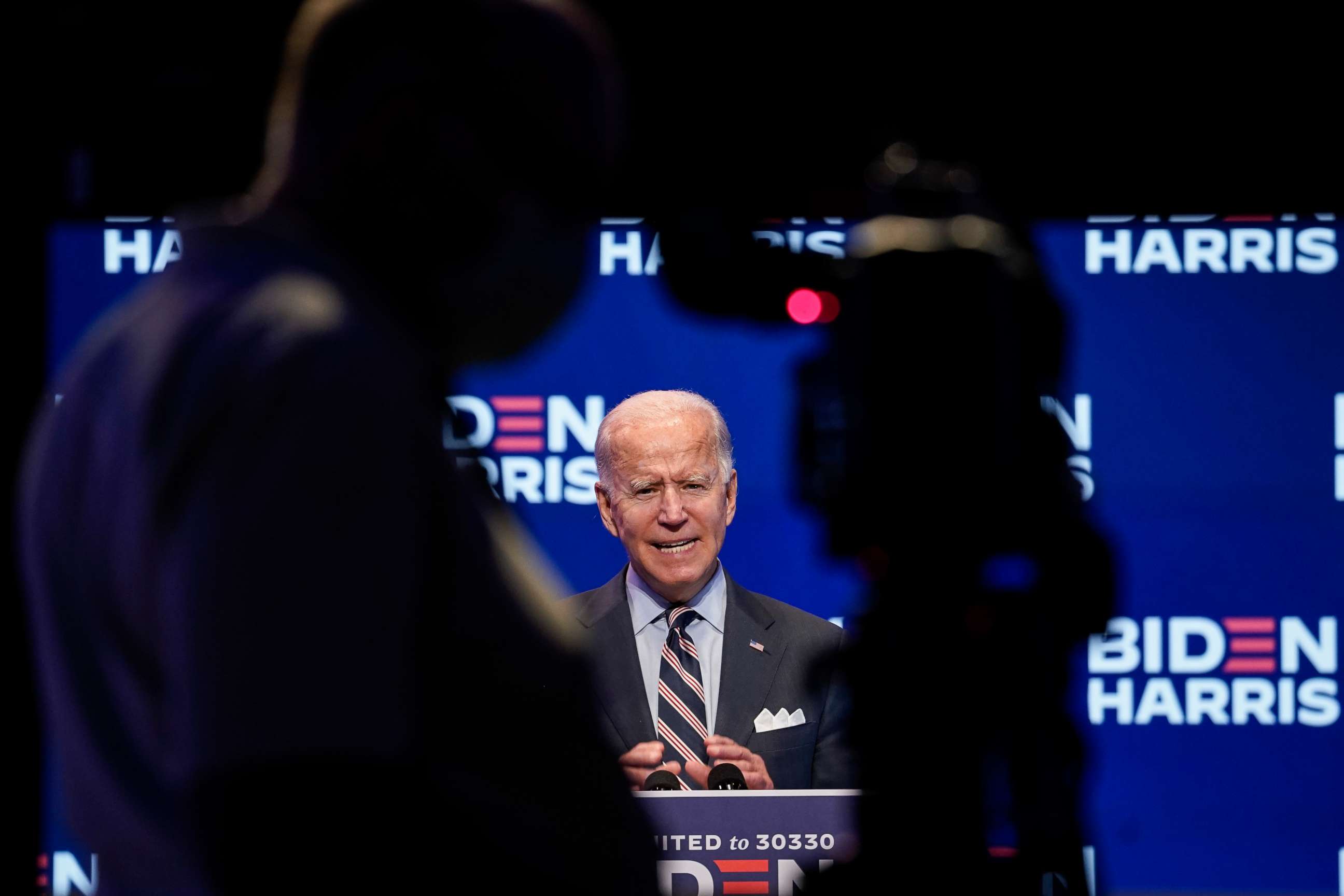 PHOTO: Democratic presidential nominee and former Vice President Joe Biden delivers remarks after a virtual coronavirus briefing with medical professionals on Sept. 16, 2020. in Wilmington, Del.