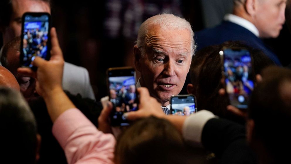 PHOTO: President Joe Biden greets people after speaking during a Democratic National Committee event at the National Education Association Headquarters, Sept. 23, 2022, in Washington.