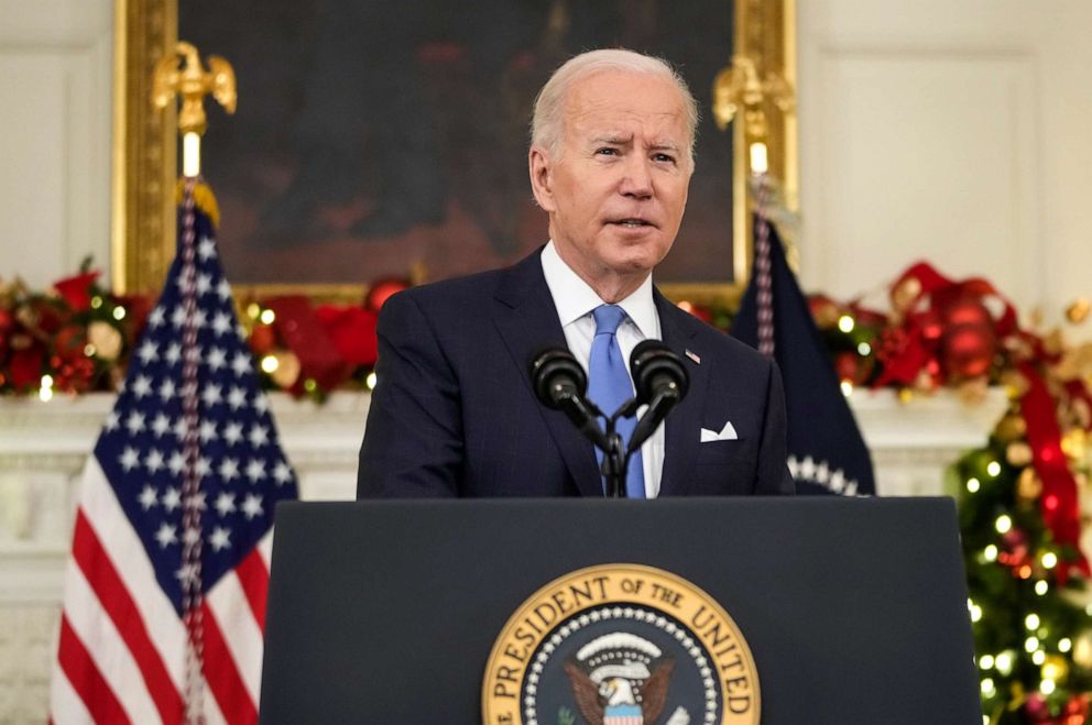 PHOTO: In this Dec. 21, 2021, file photo, President Joe Biden speaks about the omicron variant of COVID-19 in the State Dining Room of the White House in Washington, D.C.