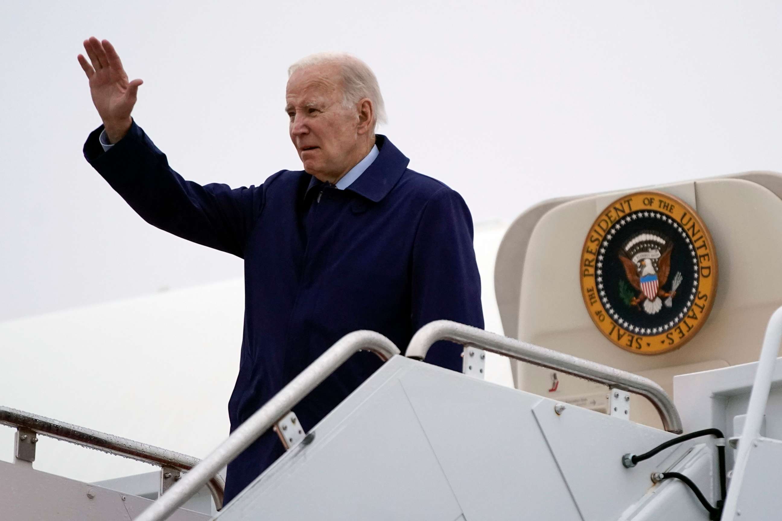 PHOTO: President Joe Biden waves as he boards Air Force One, Friday, March 10, 2023, at Andrews Air Force Base, Maryland.