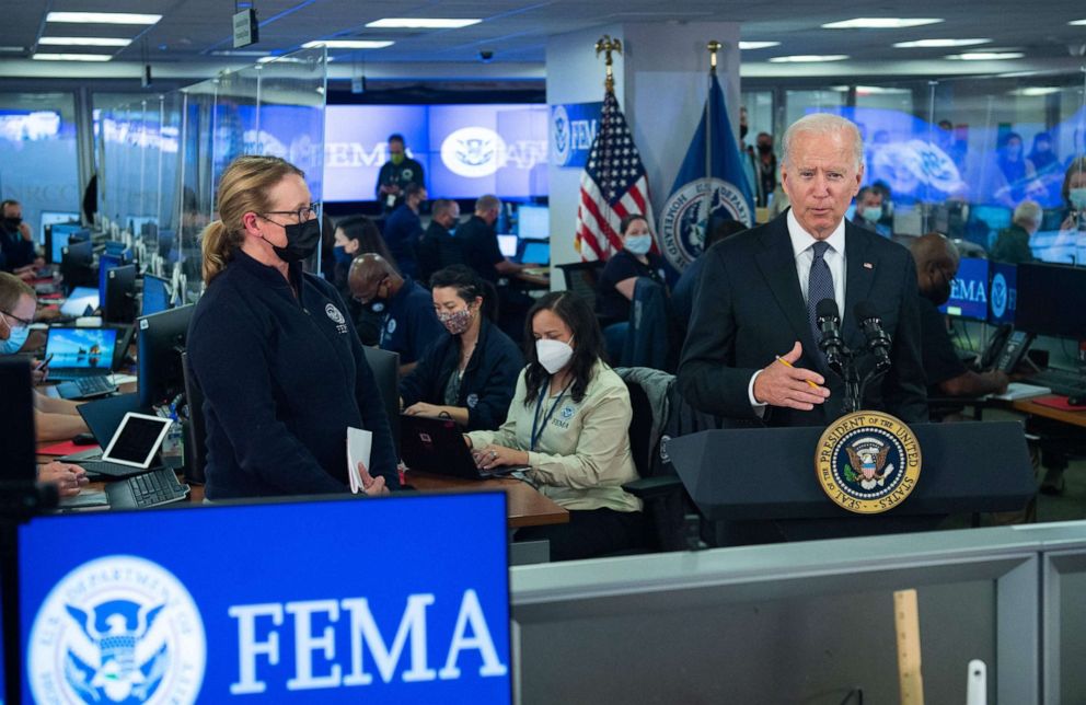 PHOTO: President Joe Biden speaks about Hurricane Ida alongside FEMA Administrator Deanne Criswell during a visit to FEMA Headquarters in Washington, D.C., Aug. 29, 2021.