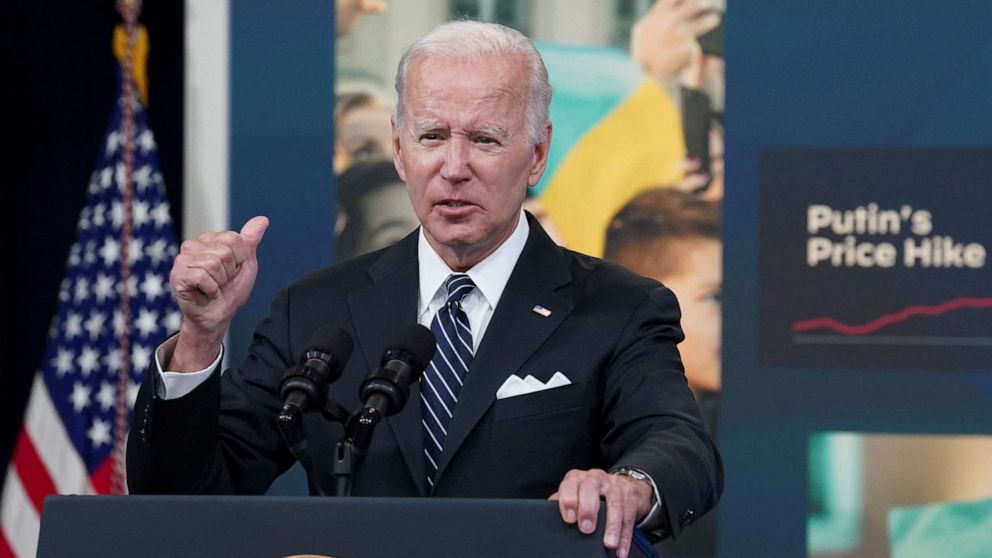 PHOTO: President Joe Biden speaks about gas prices during remarks in the Eisenhower Executive Office Building's South Court Auditorium at the White House in Washington, June 22, 2022.