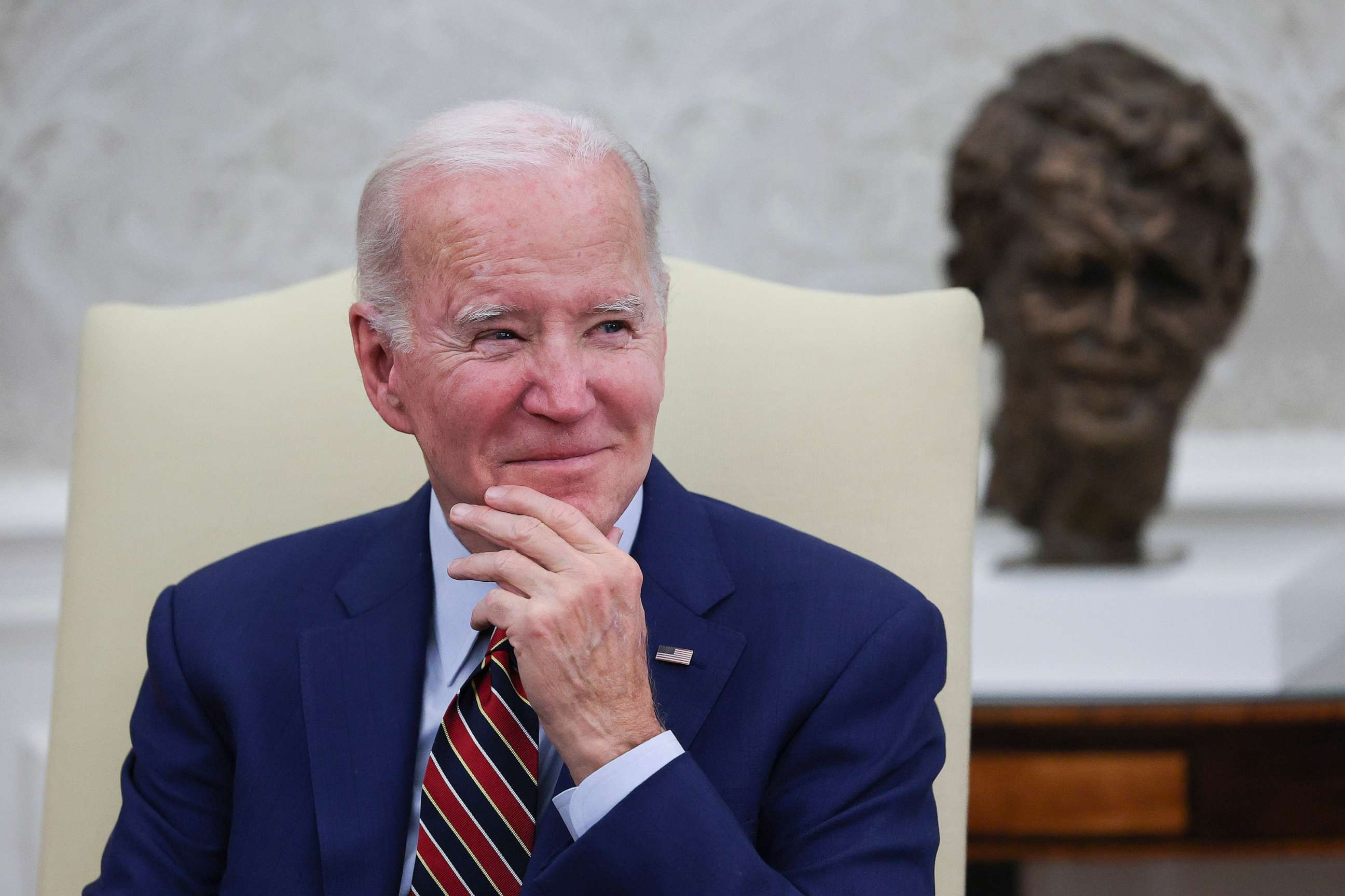 PHOTO: President Joe Biden listens to members of the press shout questions as he meets with Prime Minister Mark Rutte of the Netherlands in the Oval Office of the White House, Jan. 17, 2023 in Washington.