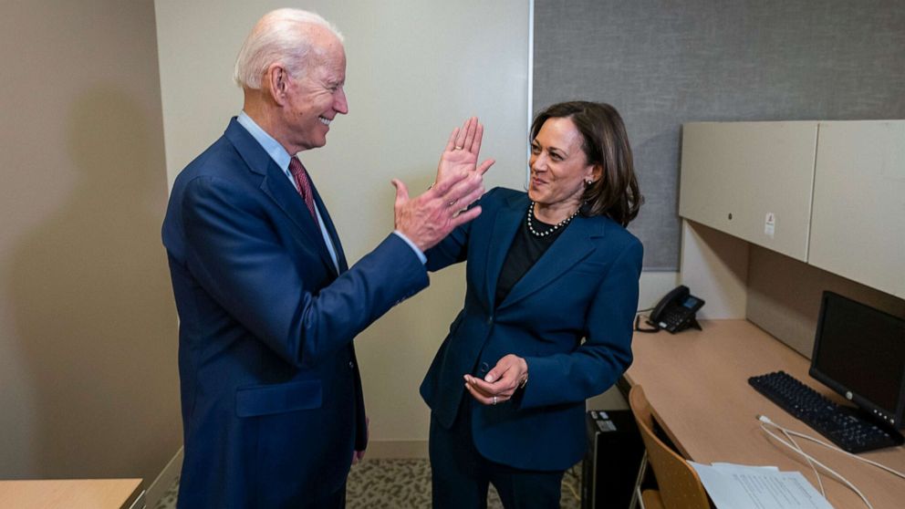 PHOTO: An undated handout photo shows former Vice President and presumptive Democratic candidate for President Joe Biden with Sen. Kamala Harris, after the campaign announced Biden has chosen Harris as his vice presidential running mate, Aug. 11, 2020.