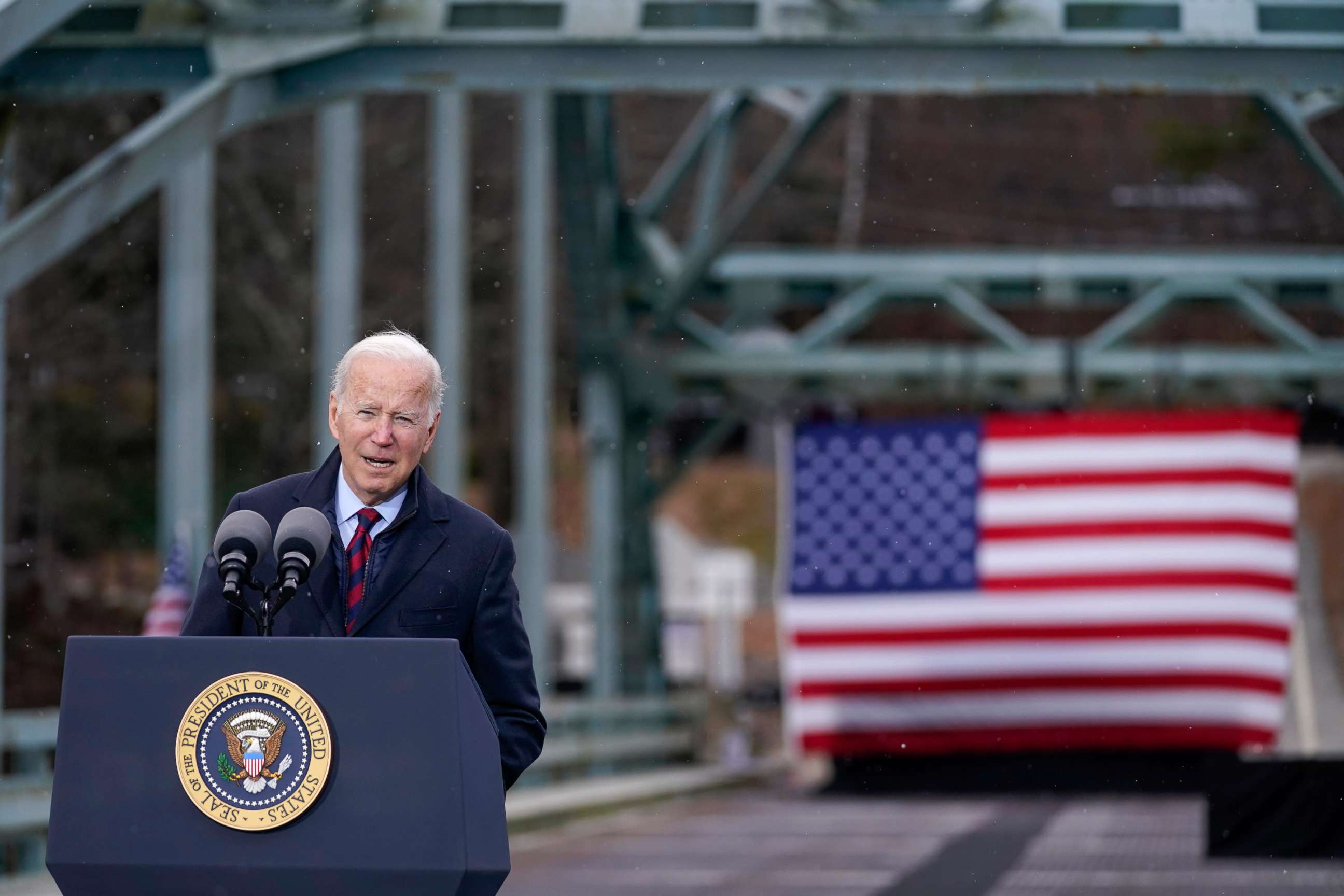 PHOTO: President Joe Biden speaks during a visit to the NH 175 bridge over the Pemigewasset River to promote infrastructure spending, Nov. 16, 2021, in Woodstock, N.H.