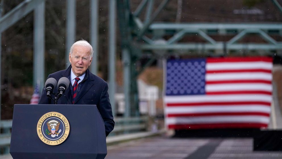 PHOTO: President Joe Biden speaks during a visit to the NH 175 bridge over the Pemigewasset River to promote infrastructure spending, Nov. 16, 2021, in Woodstock, N.H.