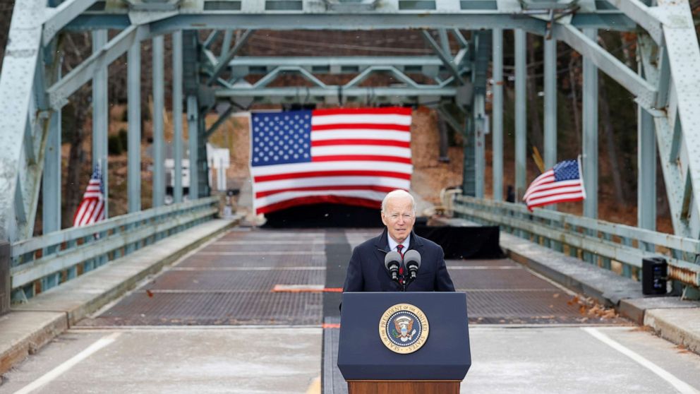 PHOTO: President Joe Biden delivers remarks on infrastructure construction projects from the NH 175 bridge across the Pemigewasset River in Woodstock, New Hampshire, Nov. 16, 2021.