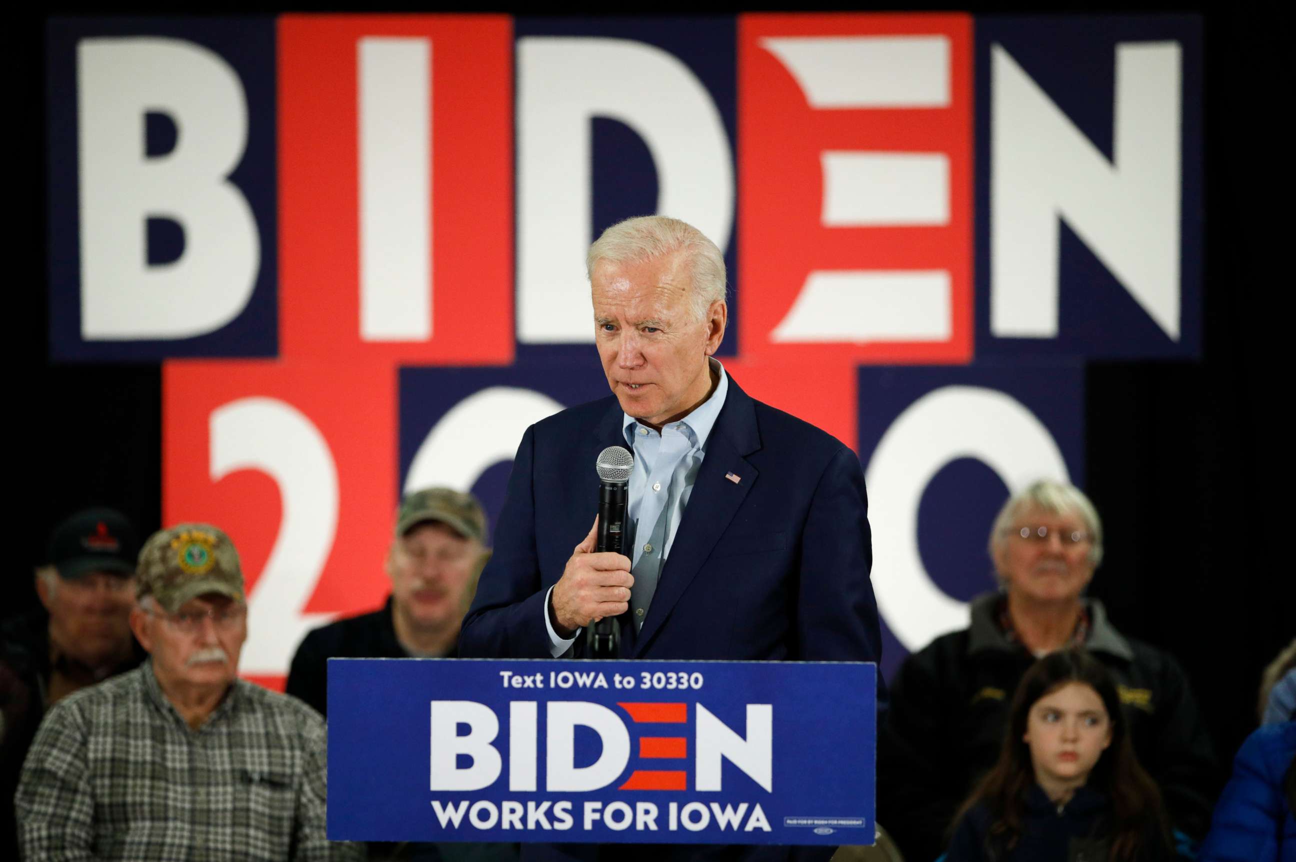 PHOTO: Democratic presidential candidate former Vice President Joe Biden speaks during a campaign event on foreign policy at a VFW post Wednesday, Jan. 22, 2020, in Osage, Iowa. 