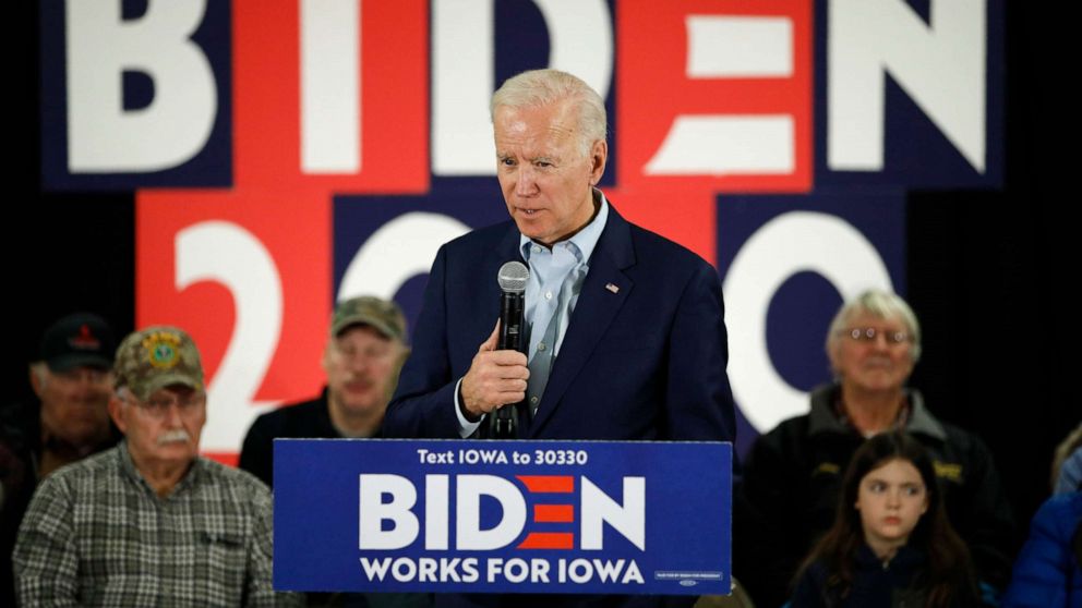 PHOTO: Democratic presidential candidate former Vice President Joe Biden speaks during a campaign event on foreign policy at a VFW post Wednesday, Jan. 22, 2020, in Osage, Iowa. 