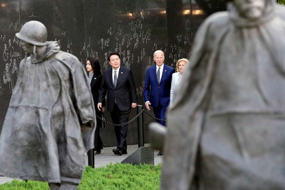 PHOTO: FILE - President Joe Biden, first lady Jill Biden, South Korea's President Yoon Suk Yeol and his wife Kim Keon Hee visit the Korean War Veterans Memorial in Washington, April 25, 2023.