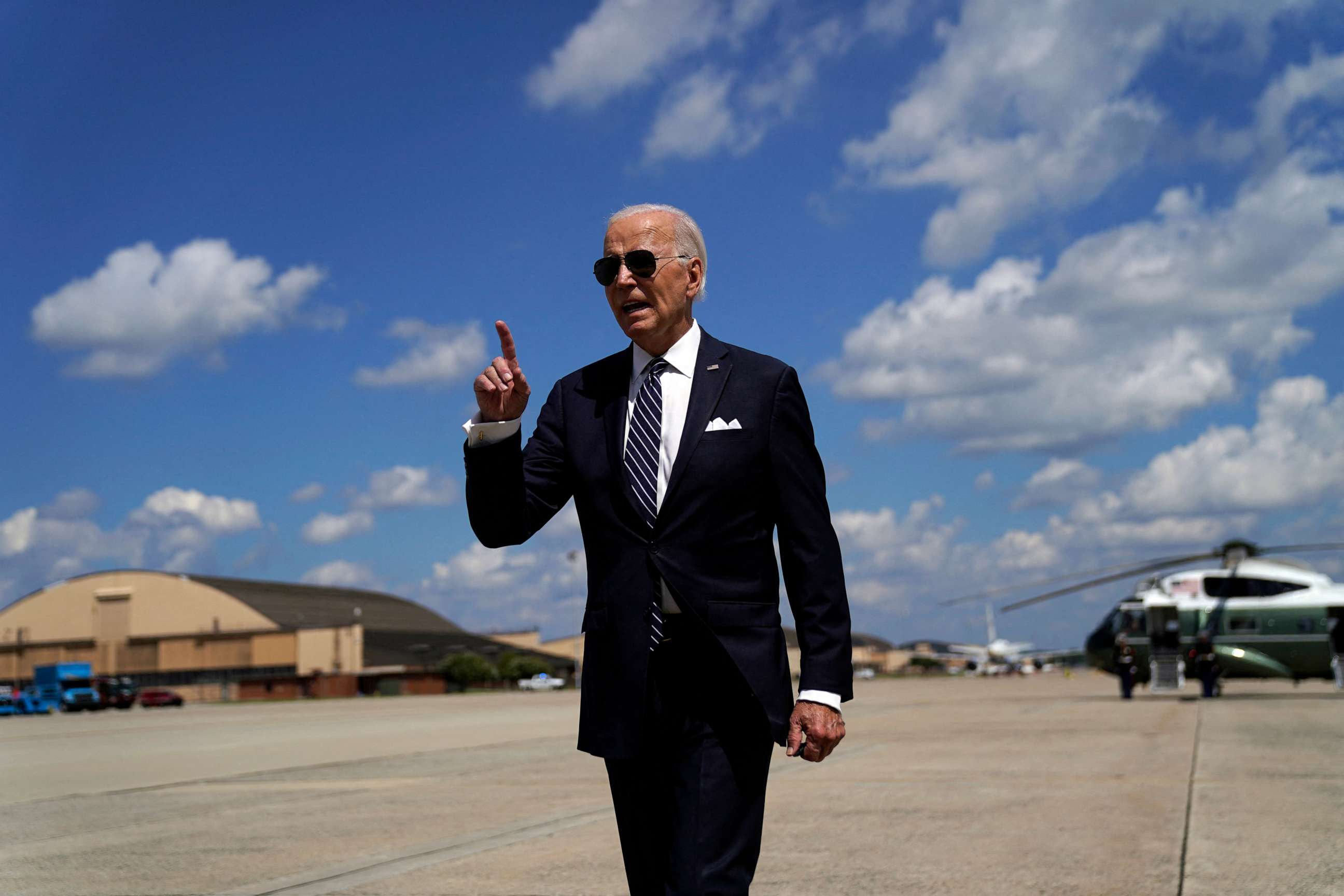 PHOTO: President Joe Biden speaks to the press before boarding Air Force One at Joint Base Andrews in Maryland on August 17, 2023, as he departs for Camp David with a stop in Scranton, Pennsylvania.