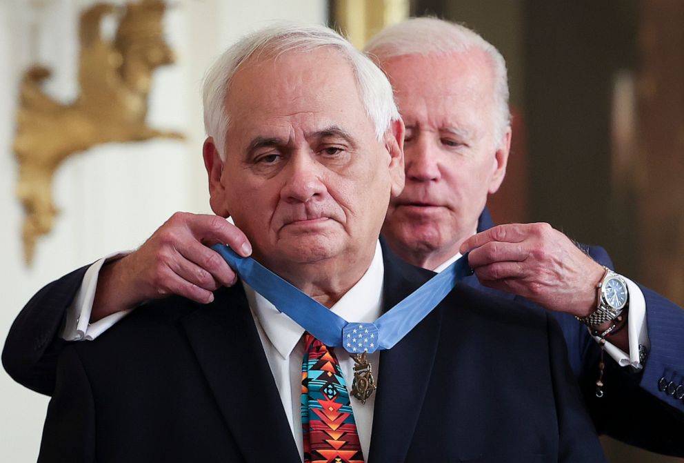 PHOTO: President Joe Biden awards the Medal of Honor to Army Specialist 5 Dwight W. Birdwell during an event in the East Room of the White House July 5, 2022 in Washington, D.C.  