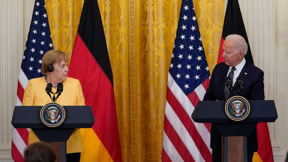 PHOTO: President Joe Biden and German Chancellor Angela Merkel speak during a news conference in the East Room of the White House in Washington, D.C., July 15, 2021.
