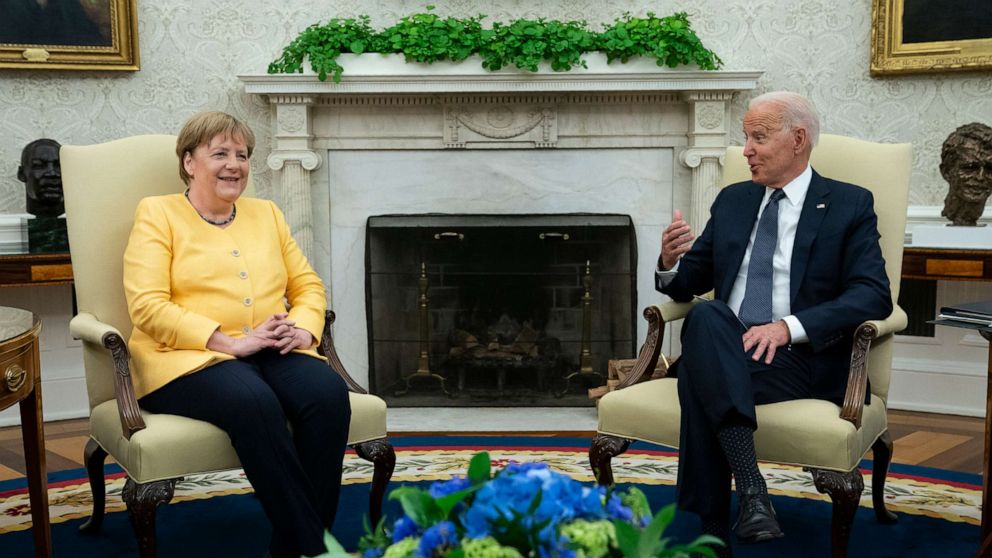 PHOTO: President Joe Biden meets with German Chancellor Angela Merkel in the Oval Office of the White House, July 15, 2021, in Washington, D.C.
