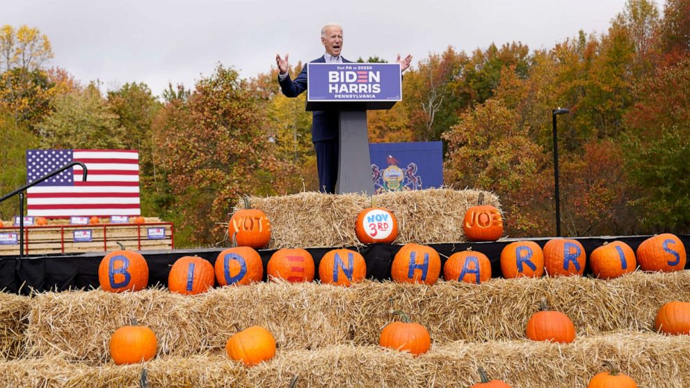 PHOTO: Democratic presidential candidate former Vice President Joe Biden speaks at a campaign stop at Bucks County Community College, Oct. 24, 2020, in Bristol, Pa.