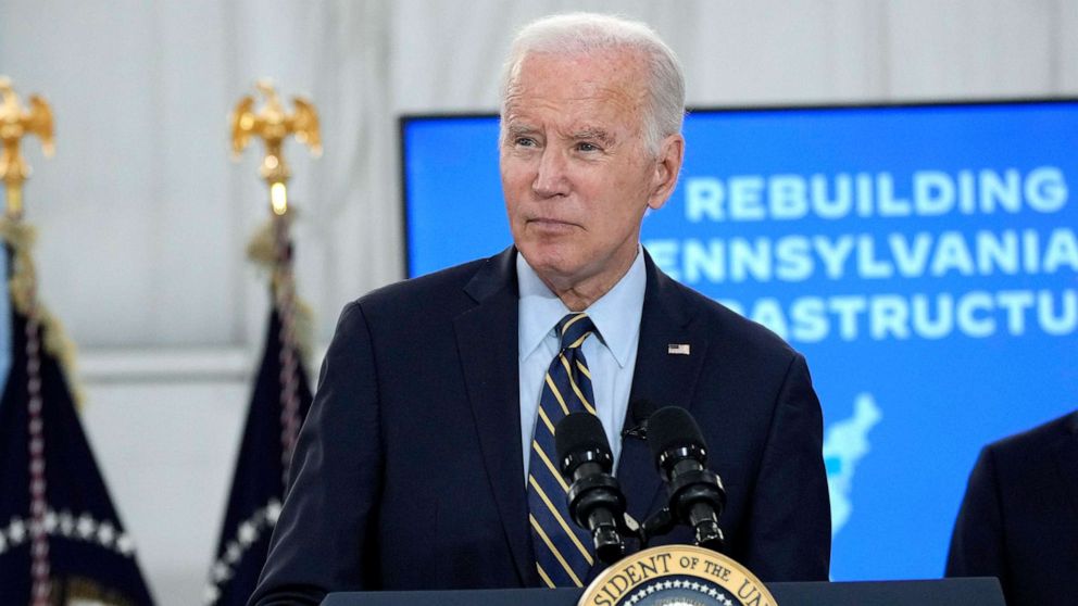 PHOTO: President Joe Biden speaks at the Philadelphia International Airport in Philadelphia, on June 17, 2023, after an aerial tour of the Interstate 95 highway collapse.
