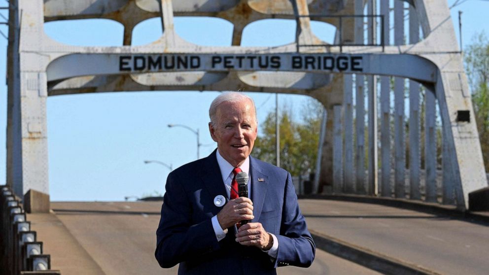 PHOTO: US President Joe Biden delivers remarks on the 58th anniversary of Bloody Sunday, at the Edmund Pettus Bridge in Selma, Al., March 5, 2023.