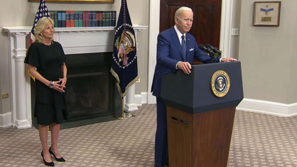 PHOTO: President Joe Biden gives remarks about the school shooting in Uvalde, Texas, from the White House, May 24, 2022.