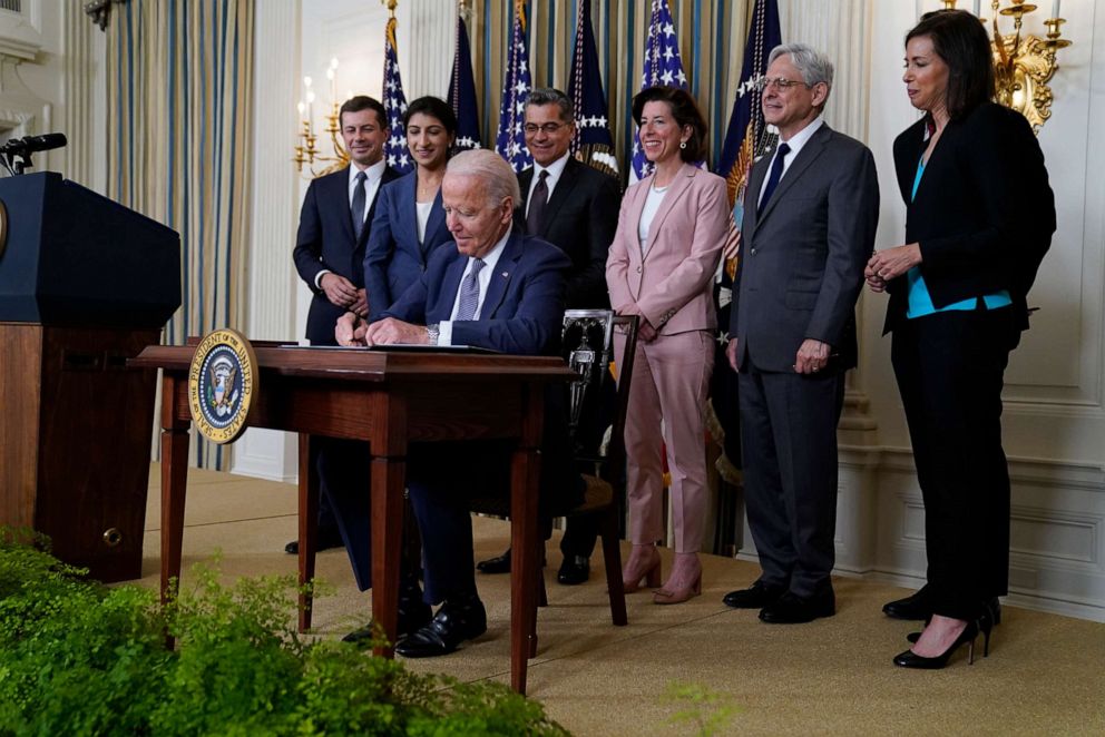 PHOTO: President Joe Biden signs an executive order aimed at promoting competition in the economy, in the State Dining Room of the White House, July 9, 2021, in Washington, D.C.