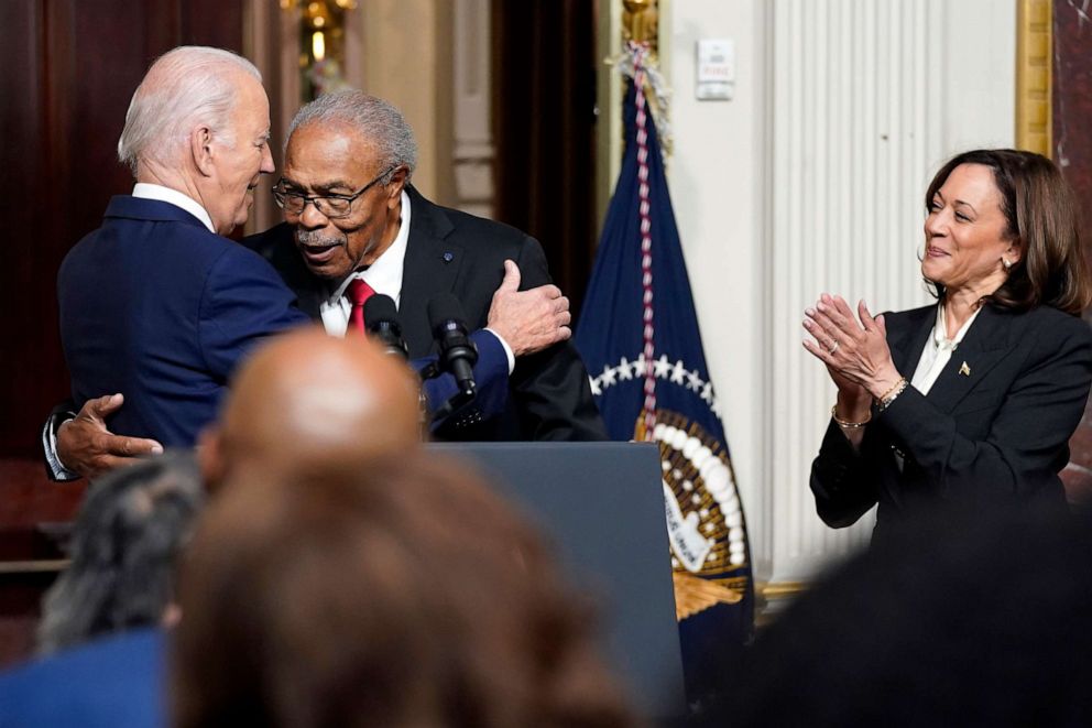 PHOTO: President Joe Biden hugs Rev. Wheeler Parker, Jr., as Vice President Kamala Harris applauds, at an event to establish the Emmett Till and Mamie Till-Mobley National Monument, July 25, 2023, in Washington, D.C.