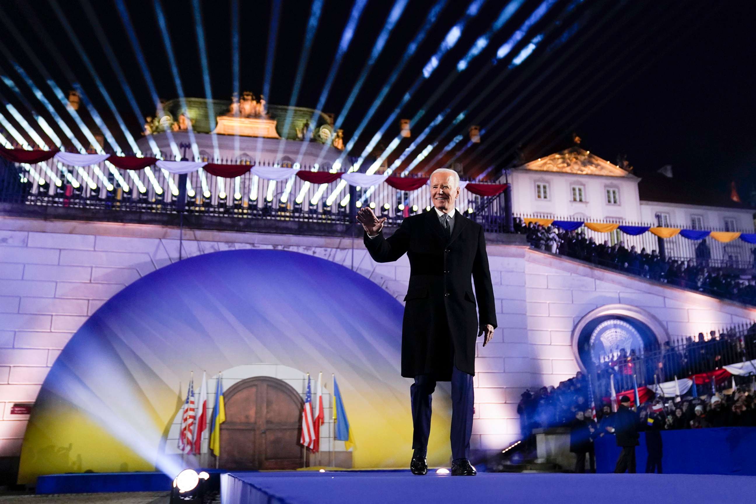 PHOTO: President Joe Biden to arrives to deliver a speech marking the one-year anniversary of the Russian invasion of Ukraine, Feb. 21, 2023, at the Royal Castle Gardens in Warsaw.