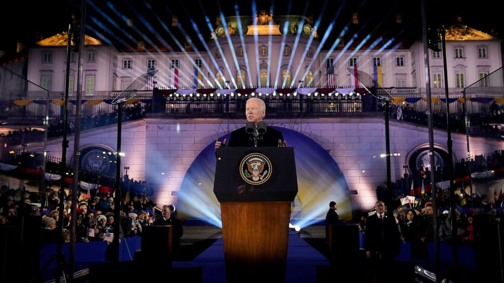 PHOTO: President Joe Biden delivers a speech marking the one-year anniversary of the Russian invasion of Ukraine, Feb. 21, 2023, at the Royal Castle Gardens in Warsaw, Poland.
