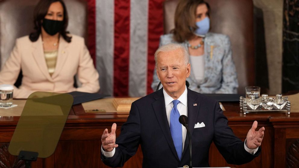 PHOTO: President Joe Biden speaks during a joint session of Congress at the Capitol in Washington, D.C., April 28, 2021. 