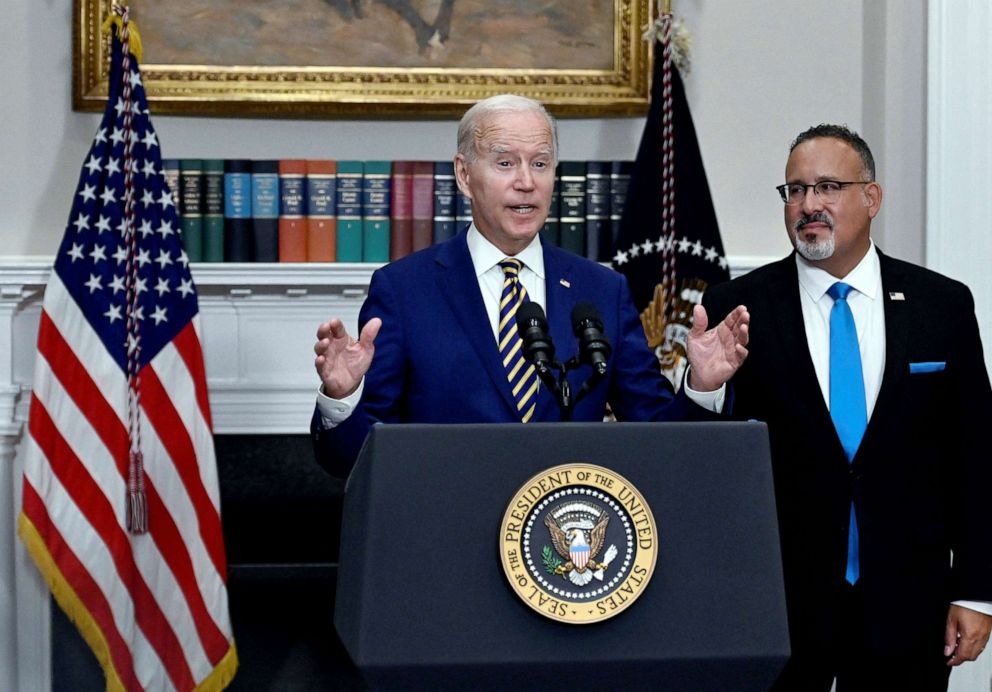 PHOTO: In this Aug. 24, 2022, file photo, President Joe Biden announces student loan relief with Education Secretary Miguel Cardona, in the Roosevelt Room of the White House, in Washington, D.C.
