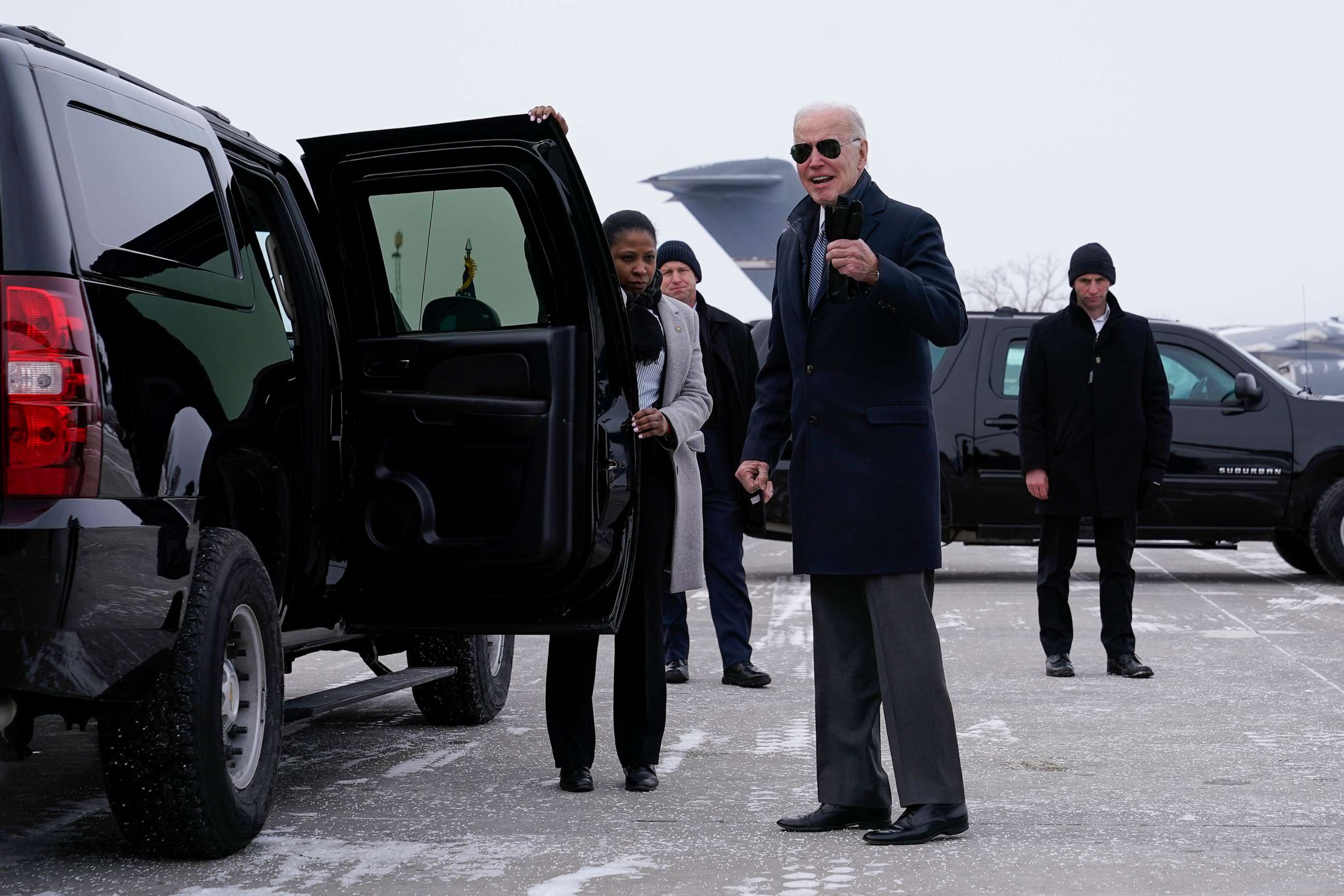 PHOTO: President Joe Biden answers a reporter's question after stepping off Air Force One, on Feb. 4, 2023, at Hancock Field Air National Guard Base in Syracuse, N.Y.