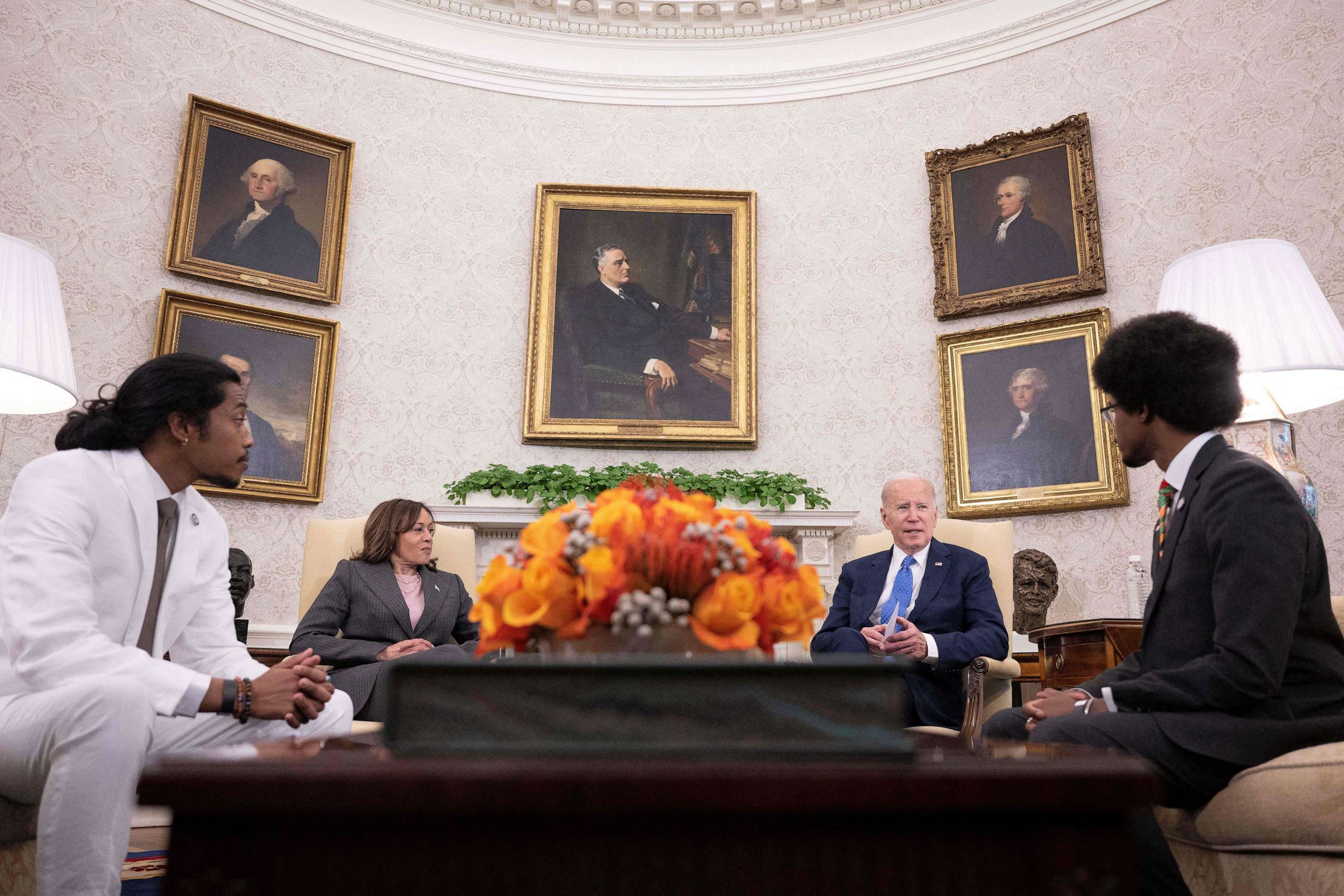 PHOTO: President Joe Biden meets with Tennessee Democrats expelled over gun control protest, Justin Jones and Justin Pearson, to discuss their efforts to ban assault weapons in the Oval Office, April 24, 2023.