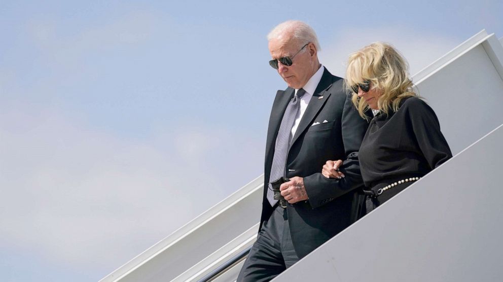 PHOTO: President Joe Biden and first lady Jill Biden arrive at JASA-Kelly Airfield before visiting Robb Elementary School to pay their respects to the victims of the mass shooting in San Antonio, Texas, May 29, 2022.