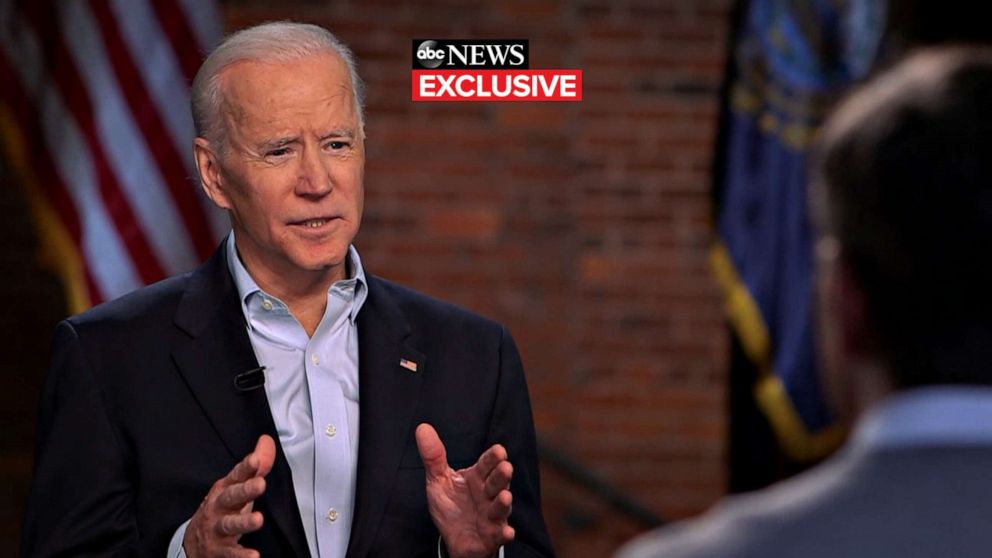 PHOTO: Former Vice President Joe Biden speaks with ABC News Chief Anchor George Stephanopoulos in an exclusive interview on Feb. 8, 2020, in New Hampshire.