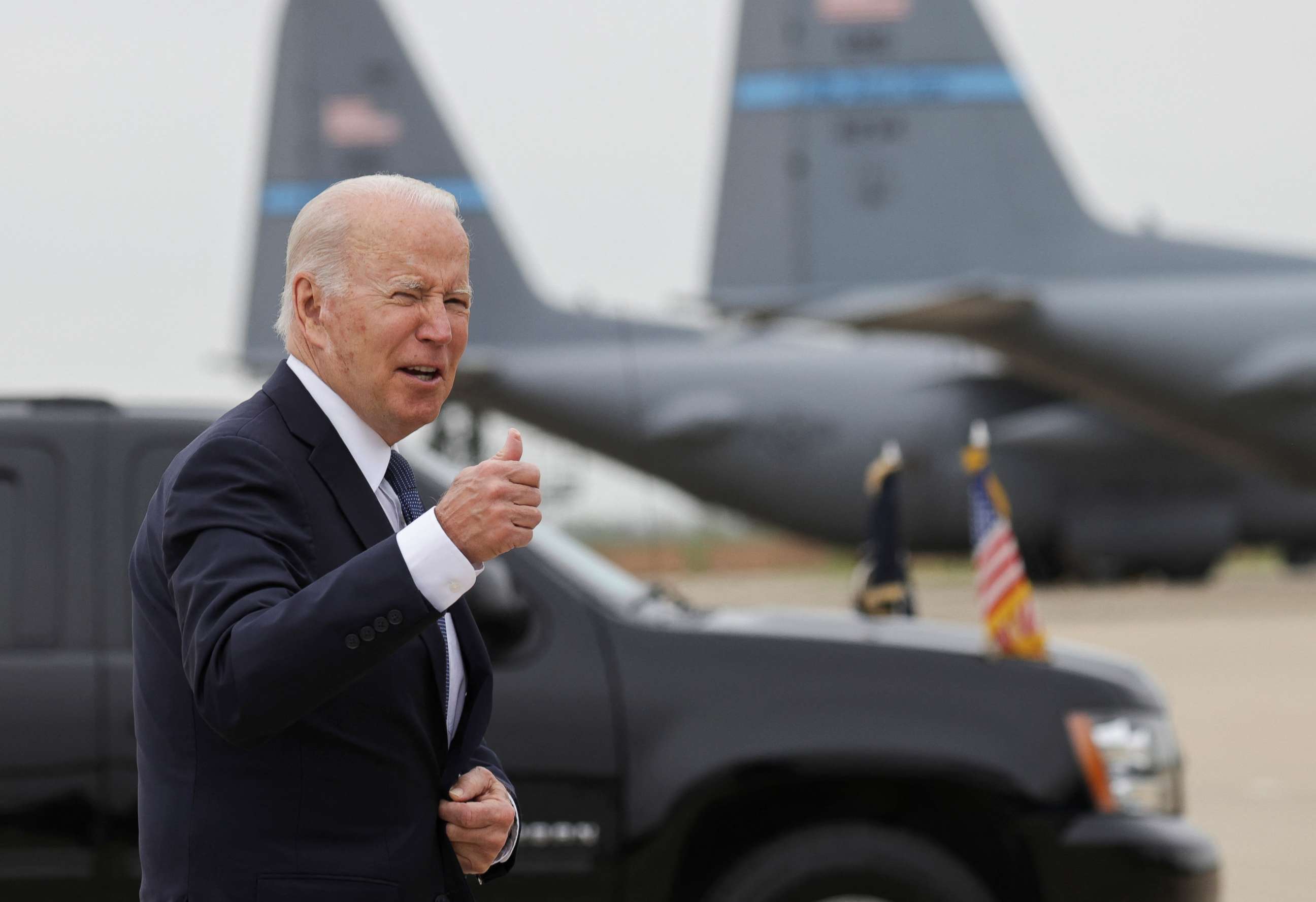 PHOTO: President Joe Biden gestures as he arrives to board Air Force One at Delaware Air National Guard Base, in New Castle, Delaware, U.S., April 25, 2022.