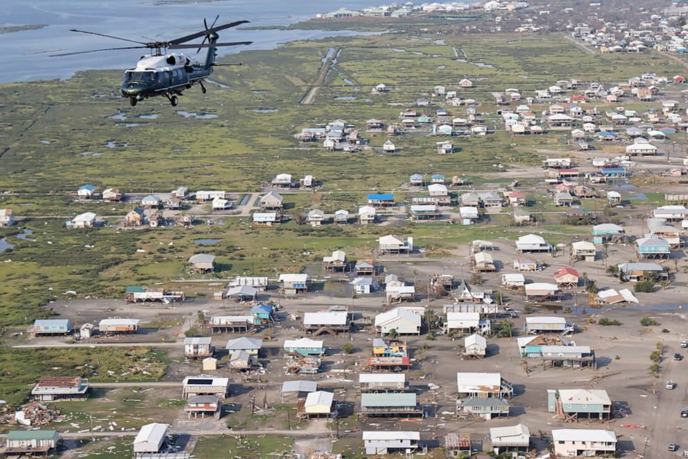 PHOTO: President Joe Biden, aboard the Marine One helicopter, inspects the damage from Hurricane Ida on an aerial tour of communities in Laffite, Grand Isle, Port Fourchon and Lafourche Parish, La,, Sept. 3, 2021.