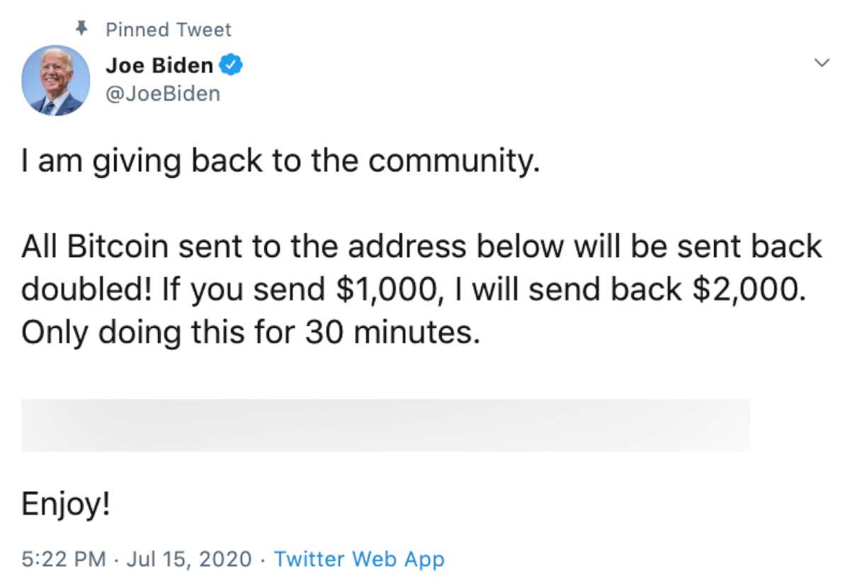 PHOTO: A screenshot shows a tweet posted to Joe Biden's Twitter account after an alleged hacking.