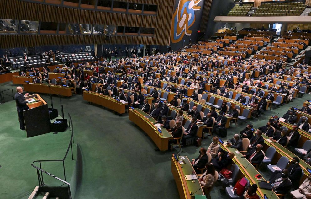 PHOTO: President Joe Biden addresses the 76th Session of the United Nations General Assembly at U.N. headquarters in New York, Sept. 21, 2021. 