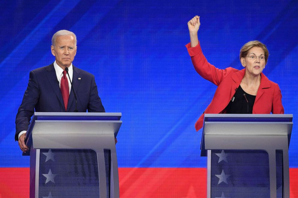 PHOTO: Democratic presidential hopefuls Joe Biden and Elizabeth Warren participate in the third Democratic primary debate hosted by ABC News in partnership with Univision at Texas Southern University in Houston, Texas, Sept. 12, 2019.