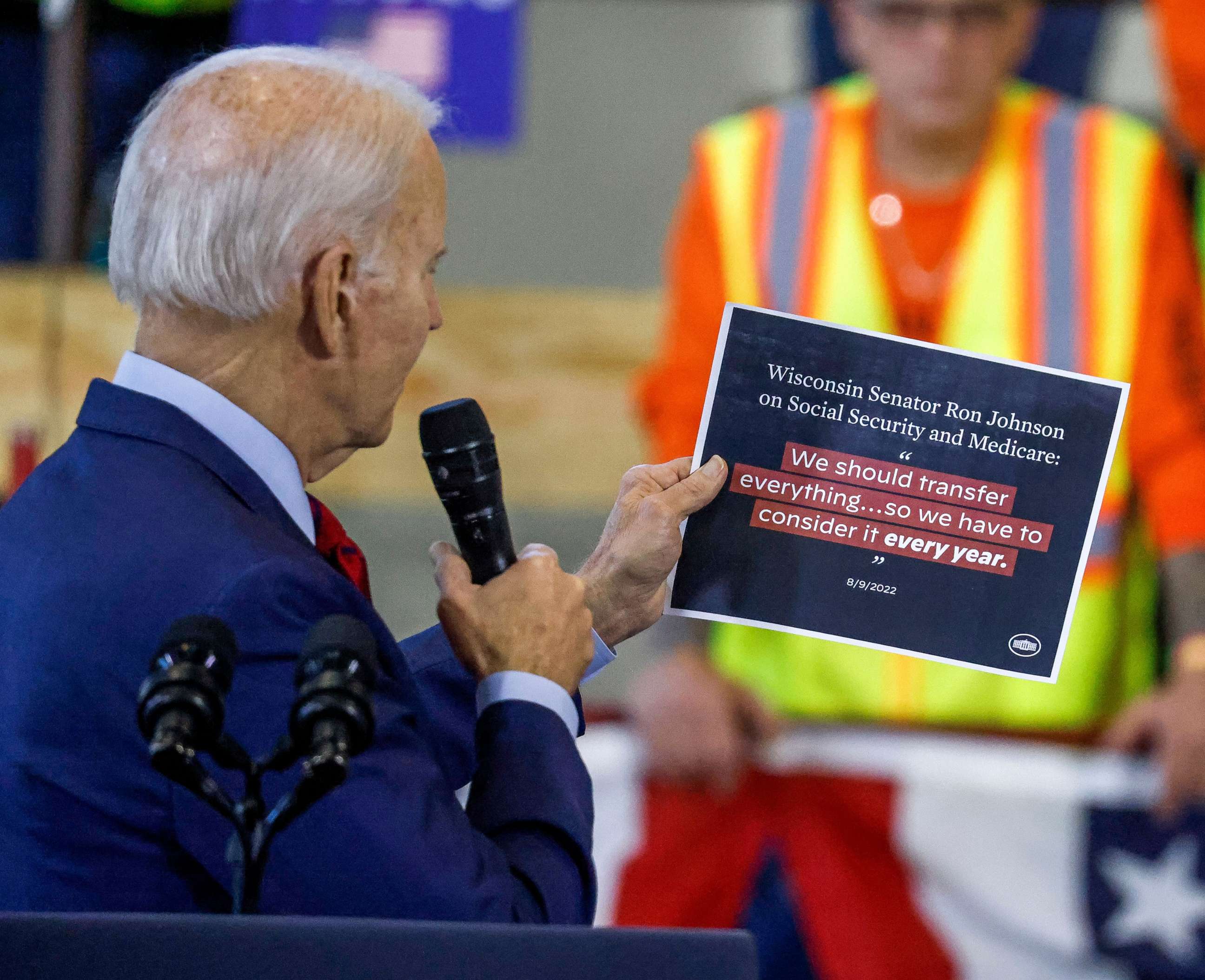 PHOTO: President Joe Biden speaks at the Laborers' International Union of North America training center in DeForest, Wisconsin, Feb. 8, 2023.