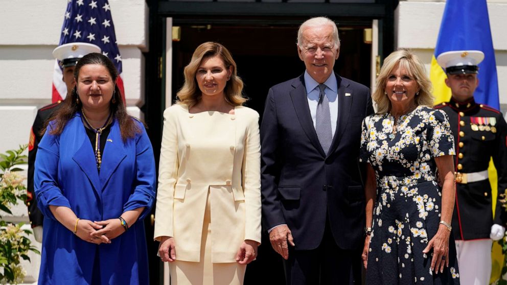 PHOTO: President Joe Biden and first lady Jill Biden, greet Olena Zelenska, spouse of Ukrainian's President Volodymyr Zelenskyy and Ukraine's Ambassador to the United States, Oksana Markarova, left, at the White House in Washington, July 19, 2022.