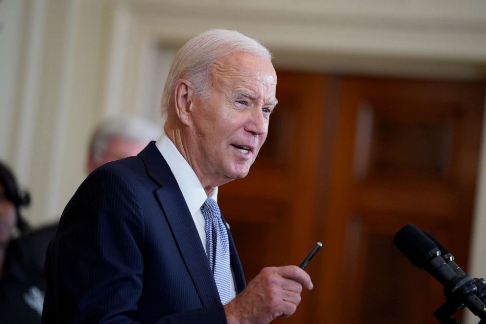 PHOTO: President Joe Biden speaks on the anniversary of the Inflation Reduction Act during an event in the East Room of the White House, Wednesday, Aug. 16, 2023, in Washington.