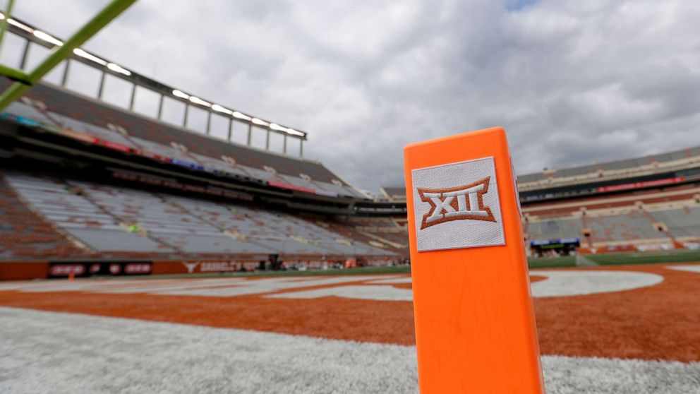 PHOTO: In this Oct. 7, 2017, file photo, a Big 12 pylon marks the end zone at Darrell K Royal Texas Memorial Stadium before an NCAA college football game between Texas and Kansas State in Austin, Texas. 