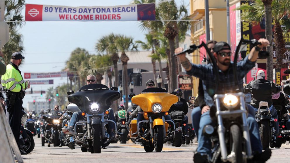 PHOTO: Bikers cruise Main St on the first day of Bike Week in Daytona Beach, Fla., March 7, 2021.