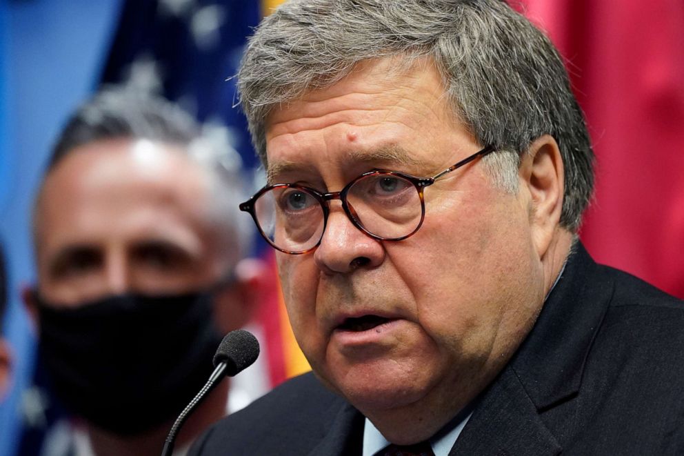 PHOTO: Attorney General William Barr talks to the media during a news conference on Aug. 19, 2020, in Kansas City, Mo.